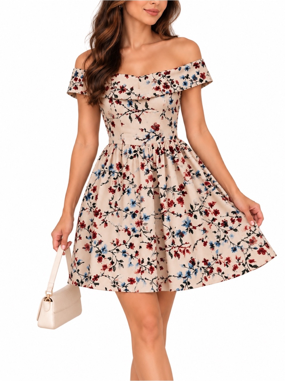 Abercrombie & Fitch Cream Floral Off-Shoulder Coquette Flirty Dress